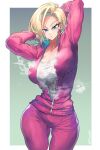  1girl android_18 arms_behind_head blonde_hair blue_eyes dragon_ball dragon_ball_super heavy_breathing jacket ommmyoh open_clothes open_jacket shirt short_hair steam sweat t-shirt track_suit 