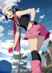  1girl :d ashino_moto ass bare_arms beanie black_socks blue_eyes blue_hair blue_sky cloud commentary_request dawn_(pokemon) day from_behind hat highres holding holding_poke_ball leaning_forward looking_back miniskirt mountain open_clothes outdoors pink_skirt poke_ball poke_ball_(basic) pokemon pokemon_(anime) pokemon_dppt_(anime) red_scarf scarf signature skirt sky smile socks solo tree watch white_headwear wristwatch 