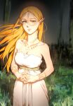  1girl bare_shoulders blonde_hair bracelet breasts cleavage closed_mouth collarbone cowboy_shot frown grass green_eyes hair_behind_ear highres interlocked_fingers jewelry large_breasts long_hair necklace outdoors own_hands_together pointy_ears princess_zelda psp26958748 solo standing the_legend_of_zelda the_legend_of_zelda:_breath_of_the_wild 