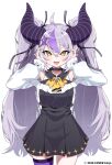  1girl ahoge black_horns braid braided_bangs collar grey_hair highres hololive horns la+_darknesss la+_darknesss_(1st_costume) long_hair looking_at_viewer metal_collar multicolored_hair pointy_ears purple_hair solo streaked_hair striped_horns tosyeo twintails virtual_youtuber yellow_eyes 
