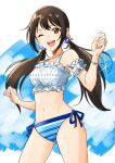  1girl ;d arm_scrunchie bare_shoulders bikini black_hair blue_background blue_bikini blush bracelet breasts brown_eyes collarbone cowboy_shot dot_nose frilled_bikini frills hand_up idolmaster idolmaster_cinderella_girls idolmaster_cinderella_girls_starlight_stage jewelry long_hair looking_at_viewer low_twintails medium_breasts nakano_yuka navel one_eye_closed open_mouth side-tie_bikini_bottom smile solo striped striped_bikini swimsuit teeth tsukikage_oyama twintails two-tone_background upper_teeth_only white_background white_bikini 