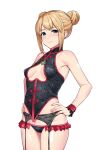  1girl bare_arms blonde_hair blue_eyes breasts cleavage_cutout clothing_cutout cowboy_shot dead_or_alive dead_or_alive_xtreme_venus_vacation double_bun fingernails garter_belt garter_straps hadacra hair_bun hands_on_own_hips highres lowleg lowleg_panties marie_rose panties pink_nails short_hair sidelocks simple_background small_breasts solo underwear white_background 