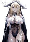  1girl absurdres azur_lane bare_shoulders blonde_hair breasts covered_navel cowboy_shot habit hair_between_eyes halo highres horns implacable_(azur_lane) large_breasts liuyun_baihua long_hair long_sleeves looking_at_viewer nun open_mouth pelvic_curtain red_eyes revealing_clothes simple_background solo thighhighs veil white_background wide_sleeves 