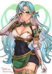  1girl aqua_hair armor bow braid breasts chloe_(fire_emblem) cleavage commission covered_navel dress earrings elbow_gloves fire_emblem fire_emblem_engage garter_straps gloves green_eyes hair_bow hand_in_own_hair highres jewelry large_breasts long_hair looking_at_viewer orange_bow pelvic_curtain r123 short_dress shoulder_armor side_braid smile solo thighhighs very_long_hair white_gloves zettai_ryouiki 