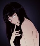  1girl black_background black_hair blank_eyes blood blood_from_mouth breasts commentary english_commentary from_side hanpetos kawakami_tomie medium_breasts mole mole_under_eye nude shoulder_blades solo tomie upper_body 