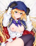  1girl artoria_caster_(fate) artoria_caster_(second_ascension)_(fate) artoria_pendragon_(fate) belt black_gloves blonde_hair blue_belt blue_headwear blush breasts capelet dakimakura_(medium) fate/grand_order fate_(series) gloves green_eyes highres long_sleeves looking_at_viewer medium_breasts multicolored_capelet nipples no_bra open_clothes reien_fuukibu solo thighhighs twintails 