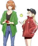  2girls apple baseball_cap black_headwear black_shirt blonde_hair blue_eyes blue_pants brown_hair brown_skirt closed_mouth collarbone cowboy_shot denim flying_witch food fruit green_apple green_jacket hand_in_pocket hat highres holding holding_food holding_fruit inukai_(flying_witch) ishizuka_chihiro jacket jewelry long_hair looking_at_viewer medium_hair multiple_girls necklace official_art open_mouth pants red_apple red_jacket shiina_anzu_(flying_witch) shirt simple_background skirt smile white_background 