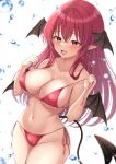  1girl :d bat_wings bikini bikini_pull blush breasts cameltoe cleavage clothes_pull collared_shirt commentary cowboy_shot demon_tail head_wings highres koakuma large_breasts long_hair multiple_wings navel open_mouth pointy_ears pulled_by_self red_bikini red_eyes red_hair reijing_etrn shirt simple_background smile solo swimsuit tail touhou water white_background wings 