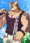  1boy absurdres bara black_shirt dog_boy floral_print furry furry_male highres holding holding_eyewear jewelry kou_(kouga0225) live_a_hero looking_at_viewer male_focus pubraseer_(live_a_hero) purple_eyes shirt shorts sleeveless sleeveless_shirt solo sparkle sunglasses sunlight 