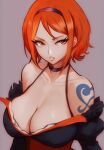  1girl bare_shoulders black_choker black_dress black_hairband breasts brown_eyes choker cleavage collarbone dress grey_background hairband highres juliet_sleeves large_breasts long_sleeves nami_(one_piece) one_piece one_piece_treasure_cruise orange_hair puffy_sleeves red_dress short_hair shoulder_tattoo simple_background solo tattoo teeth upper_body vivian_opart 