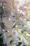  1boy blonde_hair blue_eyes blue_flower bombyxmori_ckr cloud_strife collared_shirt dappled_sunlight day evening expressionless final_fantasy final_fantasy_vii flower foliage highres male_focus messy_hair morning shirt short_hair solo sunlight white_shirt 