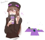  1girl ander_(at2.) at2. black_headwear blush brown_hair closed_mouth cup disposable_cup drinking_straw enderman grimace_shake_(meme) holding holding_cup long_hair long_sleeves meme milkshake minecraft personification purple_eyes purple_liquid 