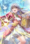  2girls :d book brooch cape circlet commentary_request dress feet_out_of_frame fire_emblem fire_emblem:_radiant_dawn jewelry long_hair long_sleeves looking_at_viewer micaiah_(fire_emblem) multiple_girls open_mouth pink_cape smile standing ten_(tenchan_man) thighs very_long_hair white_dress white_hair yellow_eyes yune_(fire_emblem) 