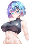  1girl abs absurdres amepon bare_shoulders blue_eyes blue_hair blush breasts closed_mouth colored_inner_hair crop_top expressionless fang highres large_breasts multicolored_hair navel original pink_hair short_hair simple_background sleeveless solo stomach streaked_hair white_background white_hair 