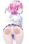  1girl against_glass artist_name ass ass_focus bare_legs bent_over blue_skirt blush cowboy_shot doki_doki_literature_club english_text fourth_wall from_behind hair_ornament hair_ribbon hot_vr looking_back natsuki_(doki_doki_literature_club) open_mouth panties patreon_username petite pink_eyes pink_hair pixiv_username pleated_skirt ribbon shirt short_hair shy simple_background skirt solo thighs underwear white_background white_shirt 