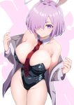  1girl absurdres animal_ears between_breasts black_leotard blush bow bowtie breasts covered_navel curio_(curiofinity) detached_collar fake_animal_ears fate/grand_order fate_(series) highleg highleg_leotard highres jacket large_breasts leotard light_purple_hair looking_at_viewer mash_kyrielight necktie necktie_between_breasts open_clothes open_jacket playboy_bunny purple_eyes rabbit_ears rabbit_tail short_hair smile solo strapless strapless_leotard tail wrist_cuffs 