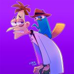  2boys aqua_pants aqua_skin artist_name black_shirt brown_hair brown_headwear fedora hat heinz_doofenshmirtz lab_coat multiple_boys orange_tail otoe_(milkyboy_inc.) pants perry_the_platypus phineas_and_ferb platypus purple_background shirt short_hair 