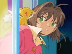  1girl blush brown_hair cardcaptor_sakura child derivative_work green_eyes jors kero kinomoto_sakura open_mouth pajamas pink_pajamas scene_reference screencap_redraw short_hair sky star_(sky) star_(symbol) starry_sky teeth window 