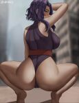  1girl arm_up artist_name ass ass_focus back bare_arms bare_legs bare_shoulders barefoot belt blurry blurry_background blush boku_no_hero_academia breasts building cameltoe city day feet_out_of_frame from_behind highres impossible_clothes impossible_leotard lady_nagant large_breasts leotard looking_at_viewer looking_back medium_hair multicolored_hair oroborus outdoors pink_hair purple_hair purple_leotard sash short_hair_with_long_locks sidelocks sleeveless solo spread_legs squatting streaked_hair 