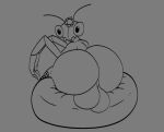  2d_animation animated antennae_(anatomy) anthro arthropod balls bean_bag big_balls big_butt bouncing_balls bubble_butt butt claws clothing digital_drawing_(artwork) digital_media_(artwork) fishnet fishnet_legwear flower_on_head genitals grey_background huge_balls huge_butt insect legwear low_res male mantis monochrome nauiho rear_view simple_background sitting solo 