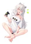  1girl absurdres animal_ears barefoot black_choker blush breasts choker closed_eyes controller cutoffs game_controller grey_hair hair_between_eyes highres hololive indian_style lion_ears looking_at_viewer medium_breasts open_mouth shishiro_botan sitting solo virtual_youtuber white_background yeosi 