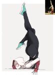  1girl ass athletic_leotard gymnastics highres hood huge_ass legs_up leotard marvel mask photo-referenced rakeemspoon shoes sneakers spider-gwen spider-man:_across_the_spider-verse spider-man:_into_the_spider-verse spider-man_(series) spider_web_print thick_thighs thighs 