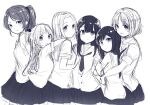  6+girls :&lt; ao_no_neko bangs_pinned_back blush commentary_request girl_sandwich hair_bobbles hair_ornament hug light_frown light_smile long_hair looking_at_viewer looking_back looking_to_the_side monochrome multiple_girls neckerchief original pleated_skirt ponytail sandwiched school_uniform serafuku short_hair sketch skirt two_side_up 