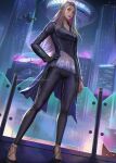  1girl black_gloves building cityscape commentary commission cyberpunk elf english_commentary full_body gloves grey_eyes grey_hair hand_on_own_hip high_heels highres long_hair long_sleeves nibelart original parted_lips patreon_username pointy_ears purple_lips purple_nails science_fiction shadowrun sideways_glance signature single_glove skyscraper solo teeth web_address 