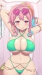 1girl armpits arms_behind_head arms_up bikini blurry blurry_background blush breasts changing_room cleavage earrings flower glint hair_flower hair_ornament heart heart-shaped_eyewear highleg highleg_bikini highres hoop_earrings hozuki_kaede indoors jewelry kasai_shin large_breasts licking_lips long_hair looking_at_viewer multicolored_hair navel o-ring onii-chan_wa_oshimai! pink-tinted_eyewear pink_eyes pink_hair pink_pupils side_ponytail solo sunglasses swimsuit thick_thighs thighs tinted_eyewear tongue tongue_out two-tone_hair underboob wide_hips yellow_flower 