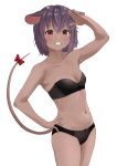  1girl absurdres animal_ears black_bra black_panties blush bow bra breasts dark_skin facial_mark hair_ornament hairclip highres indie_virtual_youtuber looking_at_viewer mouse_ears mouse_girl mouse_tail navel panties purple_hair red_eyes short_hair simple_background small_breasts smile solo tail tail_bow tail_ornament tama_(tamago) teeth underwear virtual_youtuber whisker_markings white_background yatra_(vtuber) 