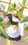  1girl absurdres apron cowboy_shot cuffs dragon_girl dragon_horns dragon_tail duel_monster frilled_apron frills green_hair green_thighhighs hand_up highres holding holding_tray horns maid maid_headdress parlor_dragonmaid puffy_short_sleeves puffy_sleeves short_sleeves siginjai smile solo tail teapot thighhighs towel_on_arm tray waist_apron yellow_eyes yu-gi-oh! 