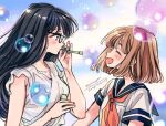  2girls :d artist_name black-framed_eyewear black_hair blue_sailor_collar blush breasts bubble bubble_blowing bubble_pipe closed_eyes commentary_request dated facing_another from_side glasses gradient_background hand_up himawari-san himawari-san_(character) holding kazamatsuri_matsuri light_brown_hair long_hair looking_at_another multiple_girls neckerchief open_mouth purple_eyes red_neckerchief sailor_collar school_uniform serafuku shirt short_hair short_sleeves sideways_mouth signature simple_background sketch smile soap_bubbles sugano_manami upper_body white_shirt 