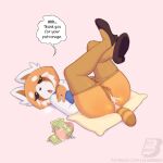  after_sex aggressive_retsuko ailurid anthro banknote bluebreed blush bodily_fluids bottomless butt clothed clothing cum cum_in_pussy cum_inside dialogue female footwear fur genital_fluids hi_res high_heels leaking_cum looking_at_viewer lying mammal money on_back orange_body orange_fur panties panties_down partially_clothed pillow prostitution red_panda retsuko sanrio shirt solo speech_bubble topwear underwear underwear_down 
