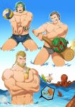  3boys abs absurdres arm_hair ball bara beard blonde_hair blue_male_swimwear blush brown_hair bulge character_request chest_hair cup drinking drinking_straw facial_hair fire_emblem fire_emblem:_three_houses food fruit green_hair grey_male_swimwear highres holding large_pectorals male_focus male_swimwear multiple_boys muscular muscular_male navel nipples one_eye_closed open_mouth partially_submerged pectorals short_hair tongue tongue_out volleyball_(object) water watermelon wristband zhuganchangjiadan 