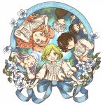  2boys 4girls :o agate_(tongari_boushi_no_atelier) anniversary black_hair blue_eyes blue_hair blue_ribbon brushbug circle circle_formation coco_(tongari_boushi_no_atelier) commentary_request copyright_name creature curly_hair flower green_eyes green_hair highres leaf long_hair long_sleeves looking_at_viewer multiple_boys multiple_girls olruggio_(tongari_boushi_no_atelier) open_mouth orange_eyes orange_hair pink_hair purple_eyes qifrey_(tongari_boushi_no_atelier) ribbon riche_(tongari_boushi_no_atelier) shirahama_kamome shirt short_hair smile tethia_(tongari_boushi_no_atelier) tongari_boushi_no_atelier two_side_up upper_body white_flower white_hair white_shirt 