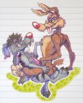  absurd_res anthro arthropod butt canid canine canis duo erection fangs flea genitals hi_res insect male male/male mammal naughty_face notched_ear penis ralph_e._wolf superratbike64 teeth tongue tongue_out traditional_media_(artwork) wolf 
