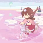  1girl balloon bicycle bicycle_basket braid brown_hair brown_scarf chibi closed_eyes closed_mouth commentary expressionless full_body highres iovebly long_hair long_sleeves madotsuki outdoors pink_sweater red_footwear red_skirt riding riding_bicycle scarf shoes skirt sky socks solo sweater twin_braids water white_socks yume_nikki 