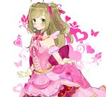  1girl ahoge arm_garter blush bow bowtie breasts brown_hair bug butterfly cleavage dress gloves green_eyes heart highres idolmaster idolmaster_cinderella_girls keita_wiz looking_at_viewer medium_breasts mini_wings pink_bow pink_bowtie pink_butterfly pink_dress pink_theme pink_wings sato_shin simple_background skirt_hold smile solo two_side_up white_background wings yellow_gloves 