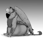  after_vore armor avian beak belly big_belly breastplate feral feral_pred greyscale gryphon gryphon_pred headgear helmet hi_res jagg_(thatgryphonguy) looking_at_viewer male male_pred monochrome mythological_avian mythology sitting solo thatgryphonguy vore wings 
