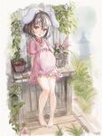  1girl animal_ears bare_legs barefoot black_hair dress flat_chest flatculture full_body garden head_tilt highres inaba_tewi jewelry light_smile looking_at_viewer painting_(medium) pendant petite pink_dress plant potted_plant pregnant rabbit_ears red_eyes self-upload short_hair sitting sundress table thighs tongue tongue_out touhou traditional_media watercolor_(medium) wooden_table 