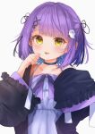  1girl black_choker black_jacket black_ribbon blue_hair blunt_bangs blush choker colored_inner_hair dress ghost_hair_ornament hair_ornament hair_ribbon hairclip highres jacket looking_at_viewer medium_hair multicolored_hair ookami_mio ookami_mio_(1st_costume) open_clothes open_jacket purple_dress purple_hair ribbon shinomiya_runa sleeveless sleeveless_dress sleeves_past_fingers sleeves_past_wrists smile solo temari_maco two_side_up virtual_youtuber vspo! yellow_eyes 