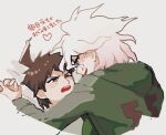  2boys :d ahoge blush brown_hair d; danganronpa_(series) danganronpa_2:_goodbye_despair eye_contact green_jacket heart hinata_hajime holding_hands jacket komaeda_nagito long_sleeves looking_at_another male_focus mino_(mino2209) multiple_boys one_eye_closed shirt short_hair smile upper_body yaoi 