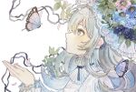  1girl aoyagi874 black_ribbon blue_eyes blue_flower bug butterfly closed_mouth commentary_request cupping_hands dress earrings falling_petals flower flower_request frilled_shirt_collar frilled_sleeves frills from_side grey_hair hair_between_eyes hands_up jewelry long_hair looking_ahead looking_at_animal looking_up neck_ribbon original own_hands_together painting_(medium) petals profile puffy_sleeves red_flower ribbon simple_background solo traditional_media upper_body watercolor_(medium) white_background white_dress 