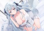  1girl alternate_costume bed blue_eyes blue_hair blurry blurry_background blush breasts collarbone commentary_request curtains hair_ornament highres indie_virtual_youtuber large_breasts long_hair looking_at_viewer nipples p_(p25234112) pillow seiza shirt sitting solo t-shirt virtual_youtuber waking_up wings yuha_uyu 