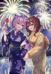  2girls ahoge animal_ear_fluff animal_ears bangs braid brown_eyes brown_hair candy_apple cat_ears cat_girl crossed_bangs dog_ears dog_girl extra_ears fang fireworks floral_print food hair_between_eyes highres holding holding_food holding_hands hololive interlocked_fingers inugami_korone japanese_clothes kimono long_hair long_sleeves low_twin_braids multiple_girls nekomata_okayu night night_sky obi purple_eyes purple_hair purple_kimono reflection sash short_hair skin_fang sky soraneko_(purin_kudasai) striped striped_kimono twin_braids vertical-striped_kimono vertical_stripes virtual_youtuber wide_sleeves yellow_kimono yukata yuri 