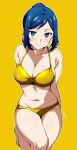  absurdres aqua_eyes arms_behind_back bare_legs bare_shoulders barefoot batta_16-sei bikini blue_hair breasts cleavage closed_mouth collarbone gold_bikini green_eyes gundam gundam_build_fighters highres iori_rinko kneeling large_breasts long_hair looking_at_viewer mature_female navel ponytail sidelocks smile swept_bangs swimsuit yellow_background 