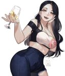  1girl alcohol black_hair blue_pants blush breasts casual champagne champagne_flute choujin_x crop_top cropped_legs cup denim drink drinking drinking_glass drunk hair_over_shoulder hand_on_own_cheek hand_on_own_face highres holding holding_cup ikahueki jeans large_breasts long_hair looking_at_viewer midriff open_mouth pants sharp_teeth shirt signature simple_background smile solo t-shirt taut_clothes taut_shirt teeth torn_clothes torn_jeans torn_pants upper_body upper_teeth_only white_background yellow_eyes yubiko_(choujin_x) 