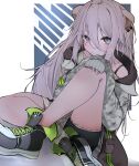  1girl absurdres ahoge animal_ears black_shorts blush bra_strap camouflage camouflage_jacket closed_mouth dutch_angle ear_piercing full_body grey_eyes grey_hair hair_between_eyes hand_on_own_knee highres hololive jacket knee_up lion_ears lion_tail long_hair long_sleeves looking_at_viewer messy_hair official_alternate_costume official_alternate_hairstyle piercing shishiro_botan shishiro_botan_(4th_costume) shoes shorts sitting sneakers solo tail virtual_youtuber yukirei 