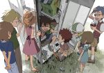  3girls 5boys blonde_hair blue_hair brother_and_sister brown_hair child closed_eyes digimon digimon_adventure digivice dress glasses grass happy highres ishida_yamato izumi_koushirou kido_jou multiple_boys multiple_girls open_mouth phone short_hair siblings standing tachikawa_mimi takaishi_takeru takenouchi_sora tantanmen yagami_hikari yagami_taichi 