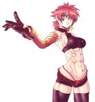  1girl abs barcode barcode_tattoo bare_shoulders blue_eyes boots breasts dated fingerless_gloves gloves heart heart_tattoo highres medium_breasts muscular muscular_female original prosthesis prosthetic_arm prosthetic_hand red_hair shorts sideboob signature simple_background sleeveless solo tattoo thigh_boots turtleneck veins white_background zettai_ryouiki zippedsquire 